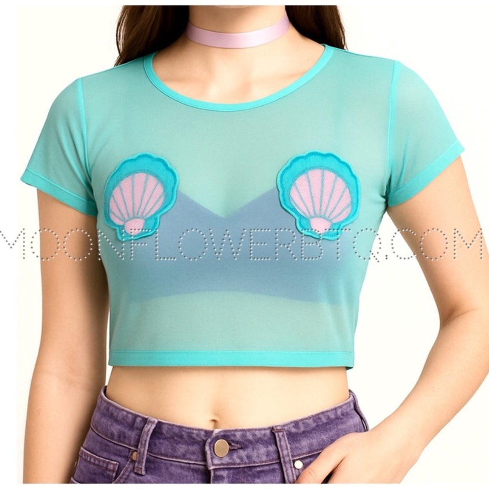 Iron Fist Mermaid for Life Teal Mesh Crop Top Shell Patch V-Back
